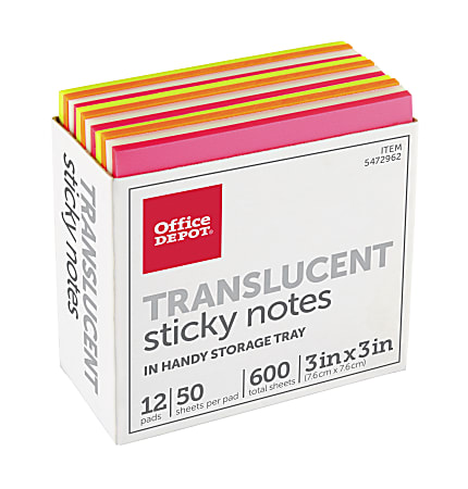 Office Depot® Brand Translucent Sticky Notes, With Storage Tray, 3″ x 3″, Assorted Colors, 50 Notes Per Pad, Pack Of 12 Pads